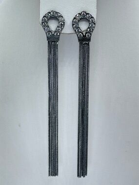 Gunmetal Crystal Fringe Tassel Dangle Earrings Statement Glam